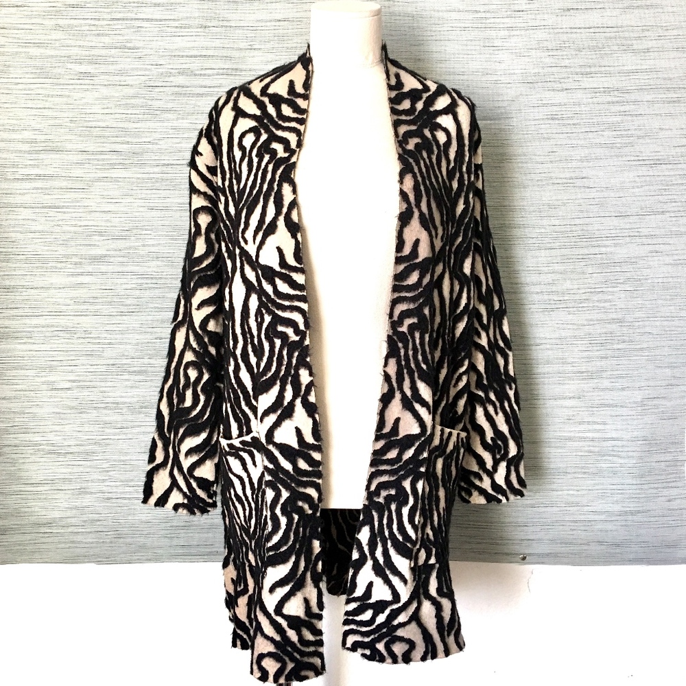NEW ZARA WOOL BLEND BLACK CREAM TEXTURED CARDIGAN